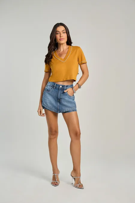 Short-Saia Jeans em Algodão Blue Médio Osmoze Short-Saia Jeans em Algodão Blue Médio Osmoze